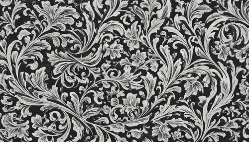 A detailed black and white floral pattern featuring swirling leaves and flowers. The intricate design creates a sophisticated and timeless look, perfect for textiles, wallpapers, and backgrounds. © video rost