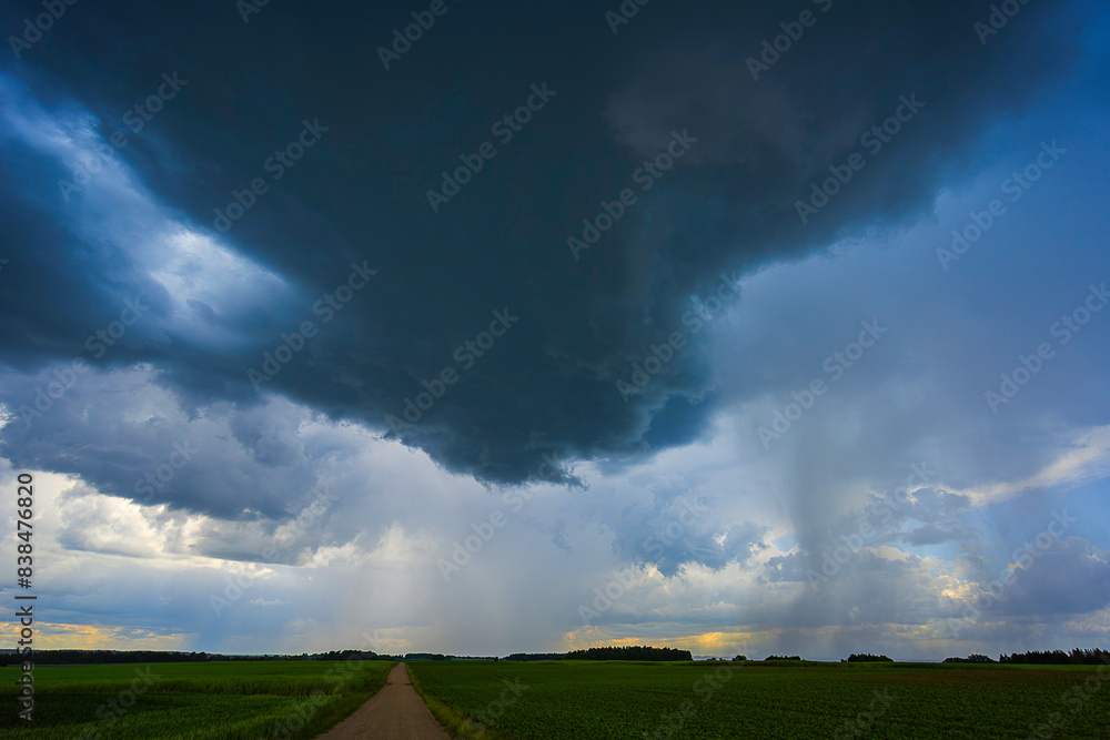 Dramatic storm clouds in blue sky associated with storm, dark, moody weather and looming atmosphere Dramatic storm clouds in blue sky associated with storm, dark, moody weather and looming atmosphere