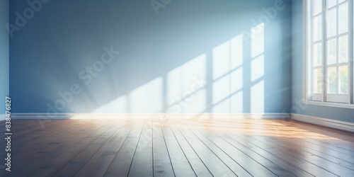 Light wall and wooden parquet floor, sunrays and shadows from window morning sun curtains reflection warm shadow © Michael