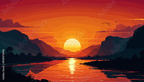Sunset, river background landscape illustration vector graphic, Sunrise, warm colors vectorized mountain land view graphic 