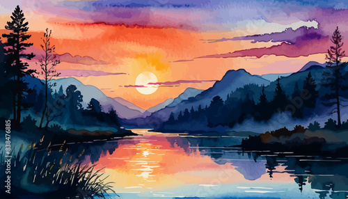 Sunset, river background landscape illustration vector graphic, Sunrise, warm colors vectorized mountain land view graphic 