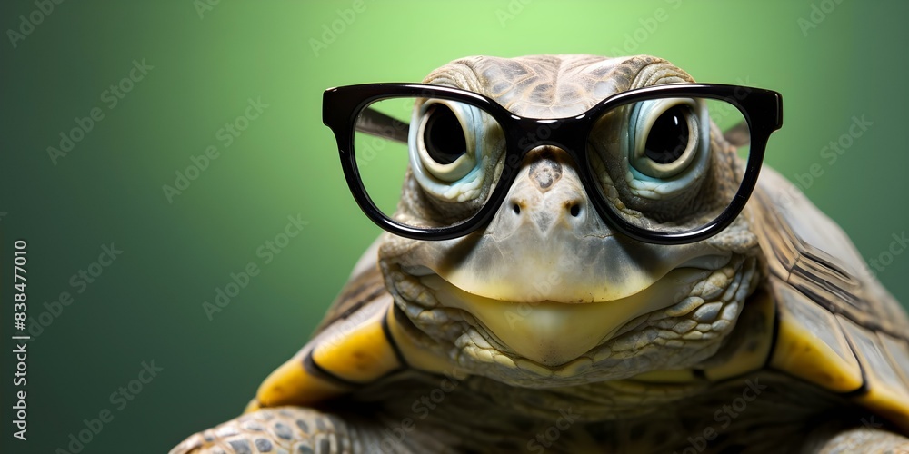 Fototapeta premium Green turtle wearing glasses in a studio setting. Concept Studio Photoshoot, Turtle, Green Color, Glasses, Animal Portraits