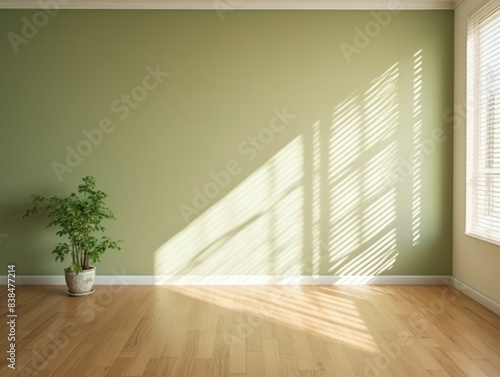 Light wall and wooden parquet floor, sunrays and shadows from window morning sun curtains reflection warm shadow