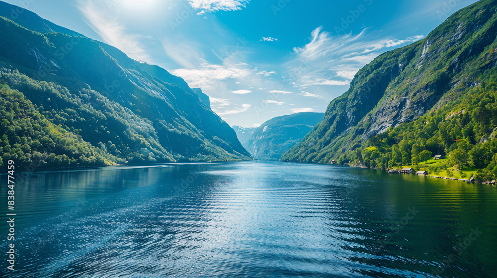 Fototapeta premium Norway fjord on a sunny day, with deep blue waters and dramatic cliffs. Mountains reflecting in the clear blue water.