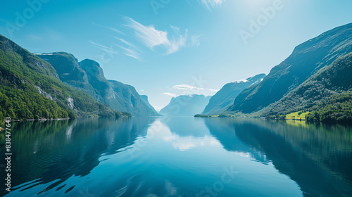Norway fjord on a sunny day, with deep blue waters and dramatic cliffs. Mountains reflecting in the clear blue water. © Framefolio