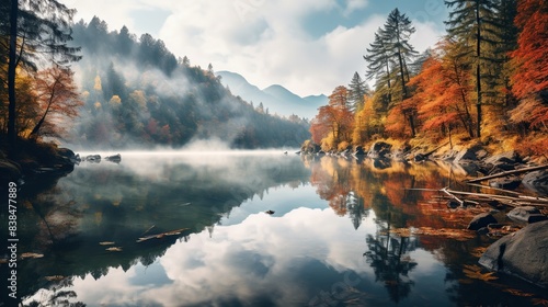 Serene lake surrounded by dense forest in autumn   photo