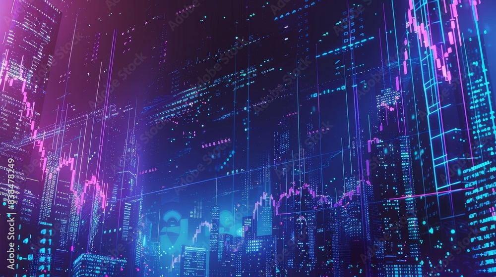 Fototapeta premium Captivating digital artwork fusing tranquil blue and purple gradients with financial visualizations.