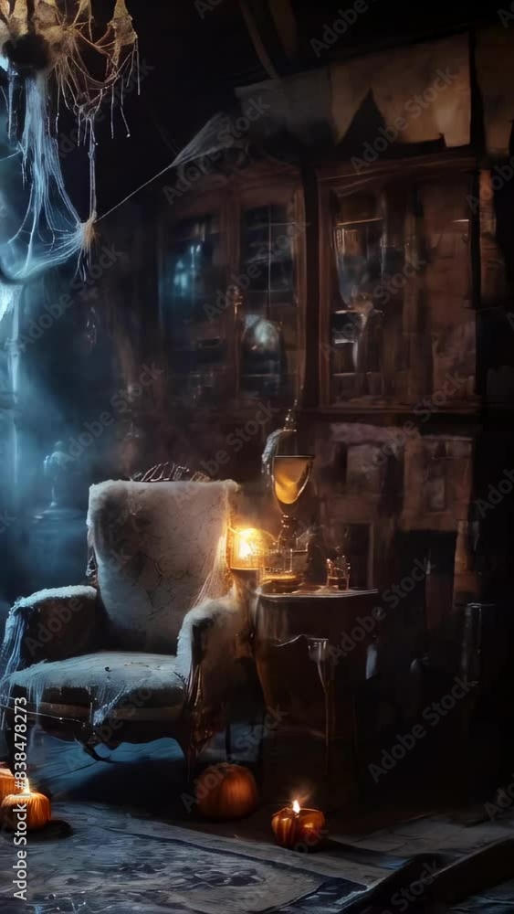 Ornate antique living room with cobwebs and dim lighting. Victorian-style furniture and decor. Concept of vintage interior, haunted house vibes, intricate design, Halloween. Motion. Vertical Ornate antique living room with cobwebs and dim lighting. Victorian-style furniture and decor. Concept of vintage interior, haunted house vibes, intricate design, Halloween. Motion. Vertical