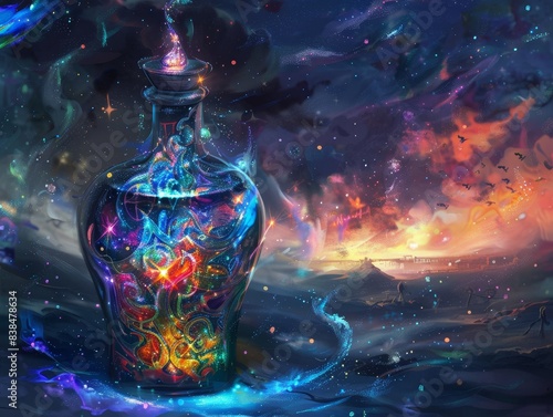 Enigmatic potion container adorned with arcane symbols and ethereal glow.