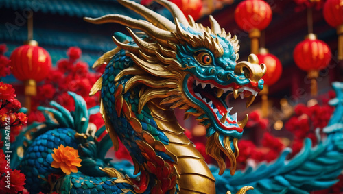 Vibrant Chinese holiday backdrop featuring a majestic dragon, symbolizing prosperity and good fortune.