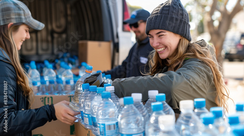 Wallpaper Mural Smiling of volunteers packing water bottles into cardboard boxes outside truck. Group volunteer working. Torontodigital.ca