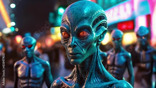 Aliens walking in a neon-lit urban area among people. Extraterrestrial beings blending into a vibrant nightlife. Concept of alien presence, neon lights, science fiction, urban environment photo