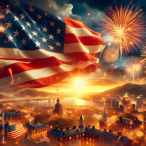 fireworks over the american flag. America celebrate 4th of July. Generative AI illustration.