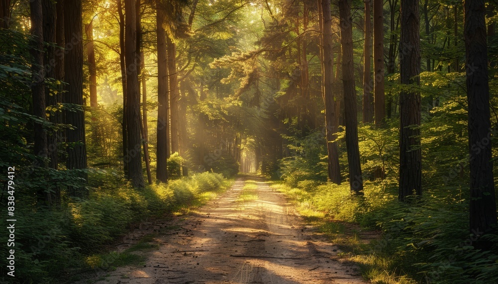 Obraz premium Mesmerizing summer forest road bathed in dappled sunlight, enveloped by towering trees adorned with vibrant greenery, casting a golden glow upon the path.
