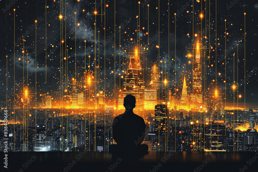 Silhouette of trader in a city of lights sitting in a contemplative pose Silhouette of trader in a city of lights sitting in a contemplative pose