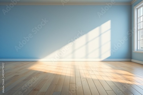 Light wall and wooden parquet floor  sunrays and shadows from window morning sun curtains reflection warm shadow