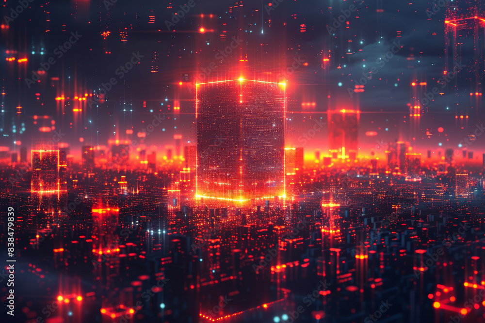 Fototapeta premium Digital cityscape with illuminated buildings representing crypto trading