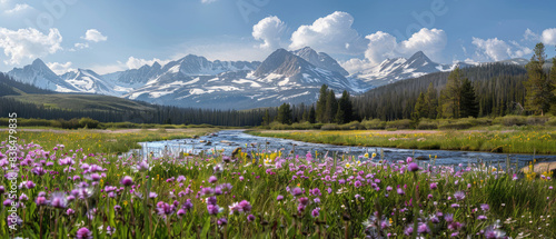 Green wide beautiful landscape with big river and flower fields with blue cloudy sky mountains snowy peaks background