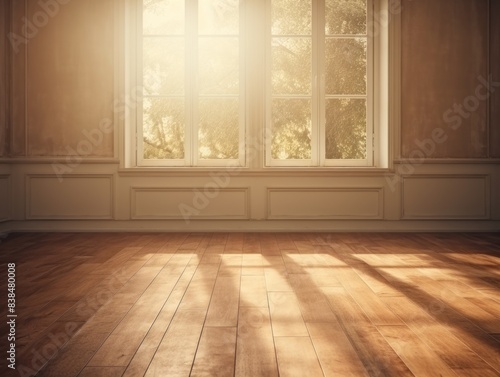 Light wall and wooden parquet floor  sunrays and shadows from window morning sun curtains reflection warm shadow