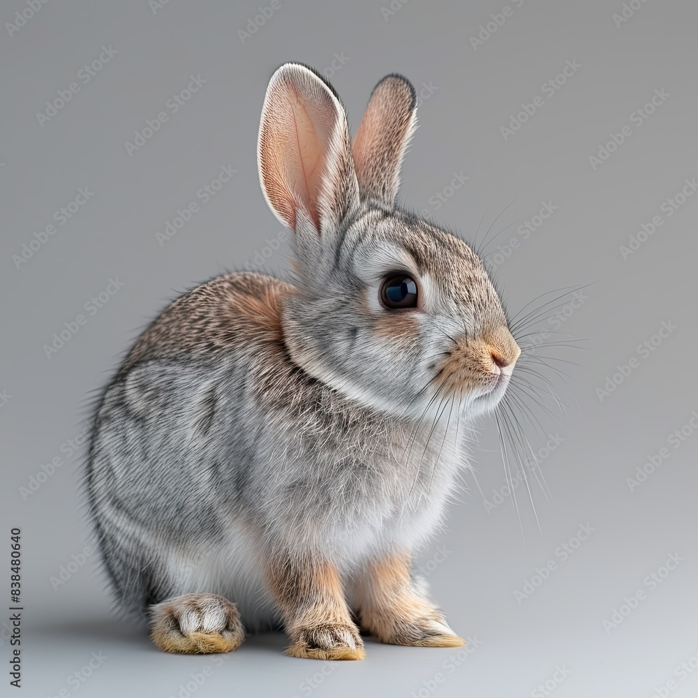 a photo of a side profile rabbit sitting isolated on a pure white background