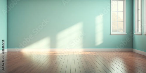 Light wall and wooden parquet floor, sunrays and shadows from window morning sun curtains reflection warm shadow photo