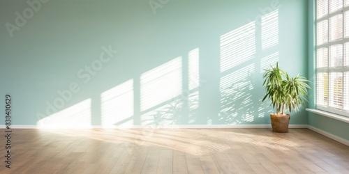 Light wall and wooden parquet floor, sunrays and shadows from window morning sun curtains reflection warm shadow photo