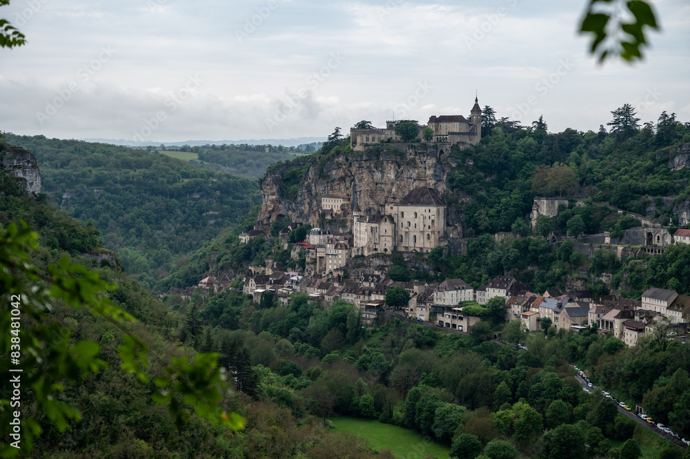 Rocamadour medieval village located on pilgrims route in Lot department in southwestern France, attracted visitors for its setting in gorge above tributary of River Dordogne, panoramic view
