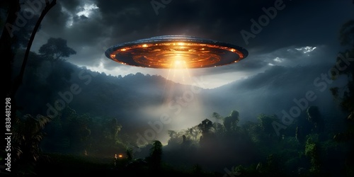 Background Image of an Isolated UFO for Design Projects. Concept Alien Technology, Sci-Fi Spaceship, Galactic Vessel, Extraterrestrial Craft, Unidentified Flying Object photo