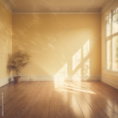 Light wall and wooden parquet floor  sunrays and shadows from window morning sun curtains reflection warm shadow