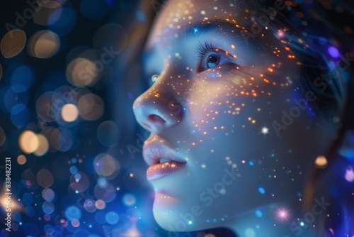 Woman's Face Illuminated by Colorful Lights