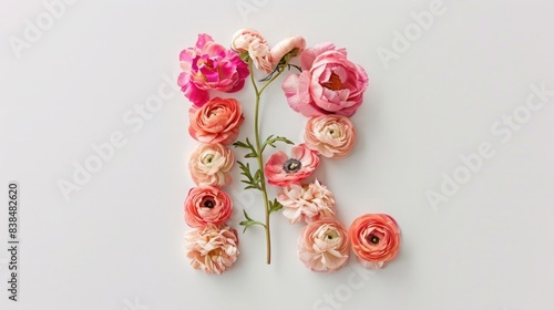Flat lay of a floral letter "R" made from realistic peonies and ranunculus flowers on a white background,