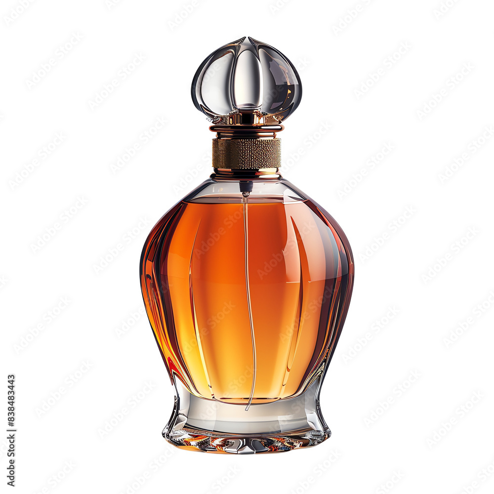 Amber colored perfume bottle with a silver cap isolated on black background Amber colored perfume bottle with a silver cap isolated on black background