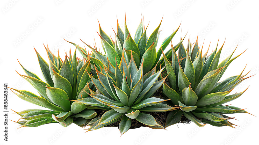 Fototapeta premium Green and blue agave attenuata 'Variegata' succulent plants with sharp, pointed leaves growing in a cluster.