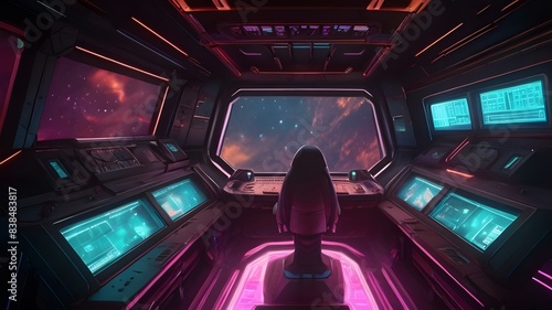 A neon-lit scene of a duck piloting a spaceship with glowing control panels amidst a vibrant nebula in a cyberpunk style photo
