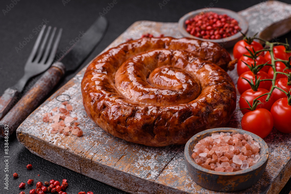 Delicious homemade sausage in the form of a spiral baked on the grill with salt, spices Delicious homemade sausage in the form of a spiral baked on the grill with salt, spices