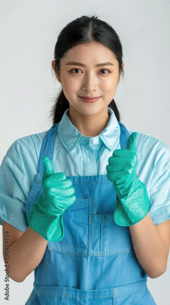 gentle Asian cleaning woman wearing blue short-sleeved apron, green rubber glove, giving thumbs up, looking forward and smiling on light white background gentle Asian cleaning woman wearing blue short-sleeved apron, green rubber glove, giving thumbs up, looking forward and smiling on light white background
