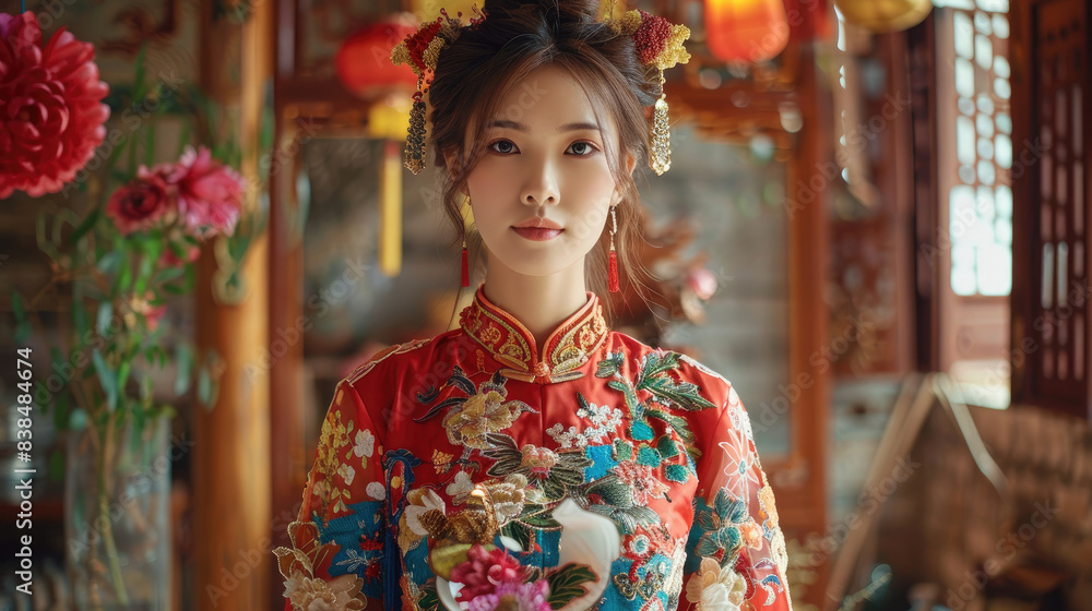 Beautiful portrait of smiling young princess Chinese female model in traditional glamorous red white wedding dress with additional accessories fan and hair tie Beautiful portrait of smiling young princess Chinese female model in traditional glamorous red white wedding dress with additional accessories fan and hair tie