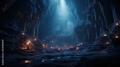 Stalactite-filled cave illuminated by torchlight 