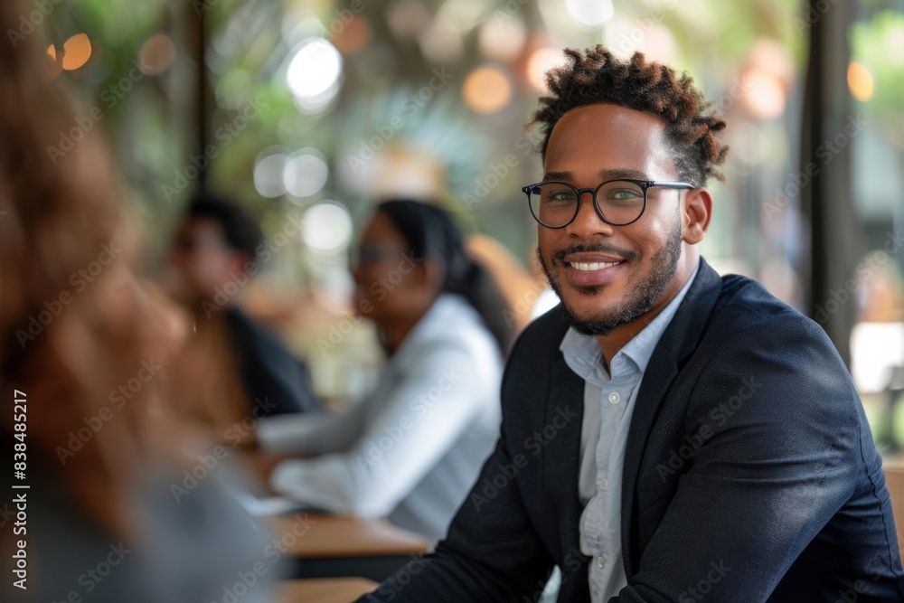 Man in formal attire smiling at table with colleagues Man in formal attire smiling at table with colleagues