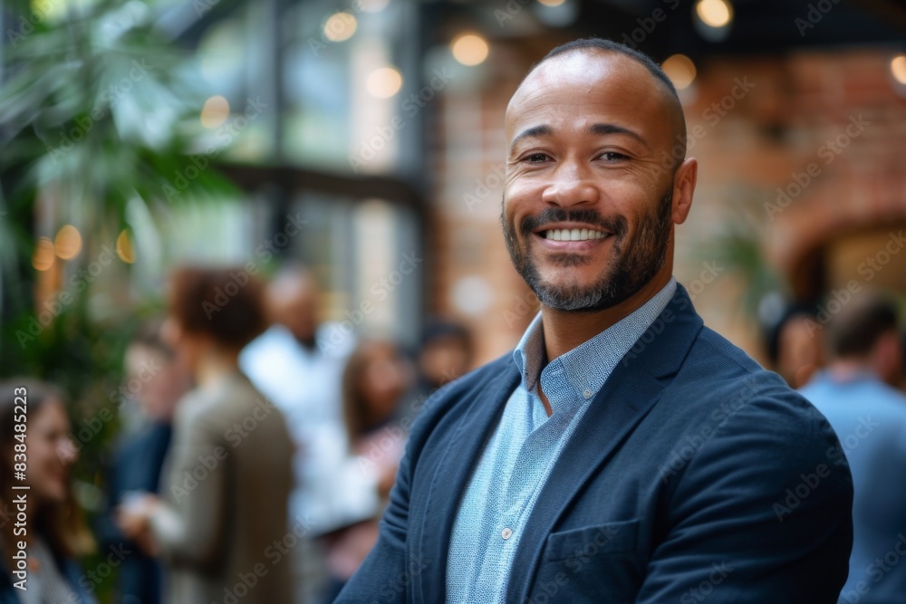 Man smiling suit tie crowded area Man smiling suit tie crowded area