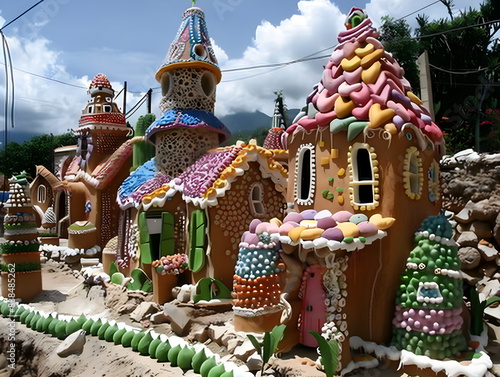 Colorful gingerbread houses with intricate designs in Port-au-Prince, Haiti, captured in a stylized photograph. photo