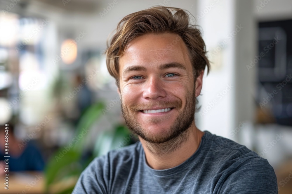 Happy bearded man in cafe Happy bearded man in cafe