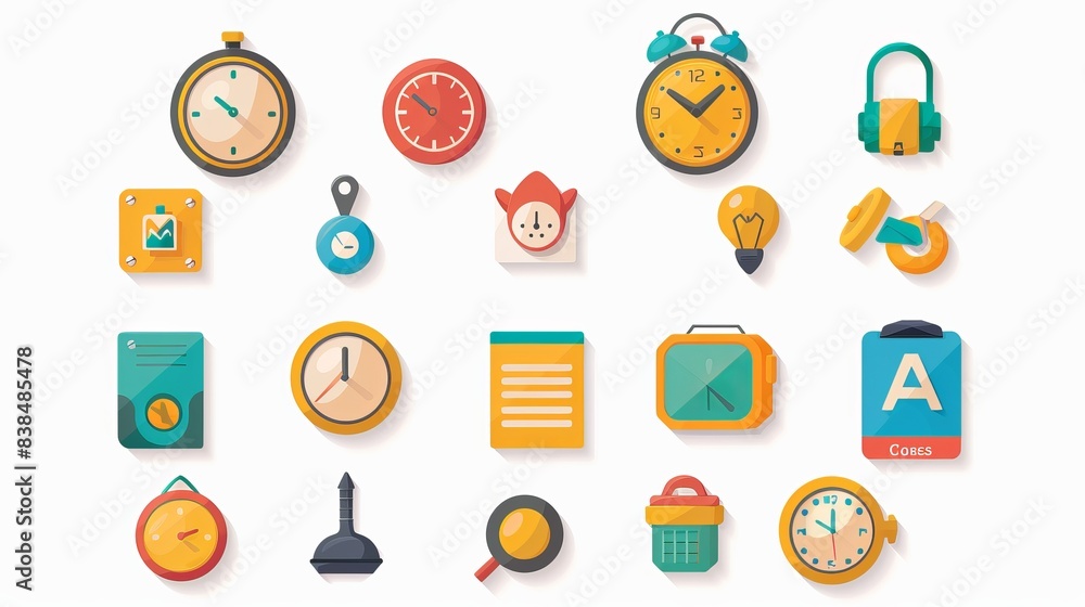 A stock illustration featuring a set of icons representing date, time ...
