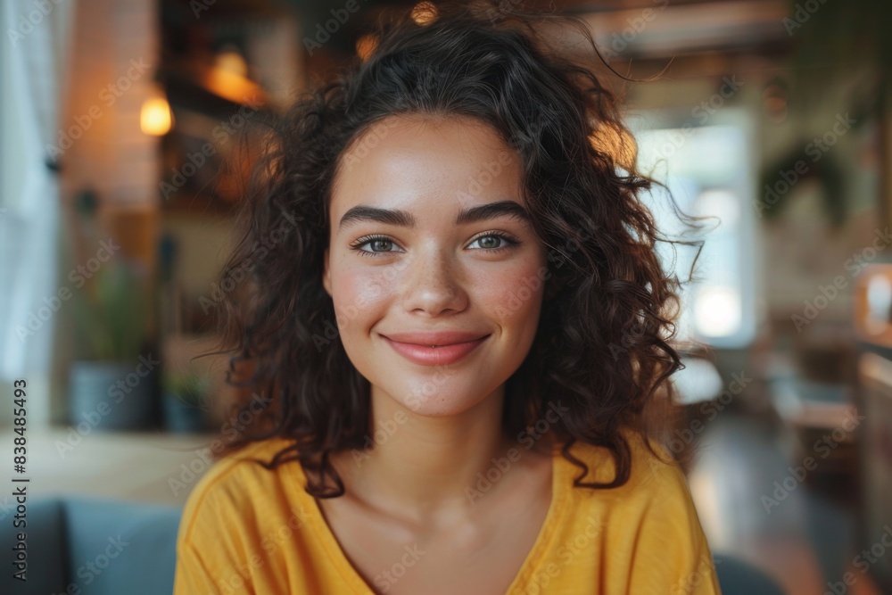 Obraz premium Curly-haired woman in yellow shirt smiling at restaurant