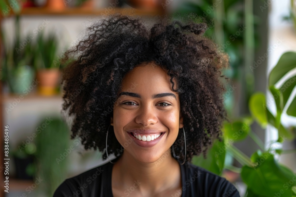Cheerful lady with afro and earrings near foliage Cheerful lady with afro and earrings near foliage
