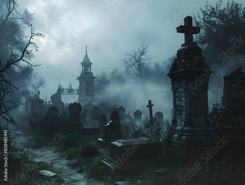 Eerie graveyard with tombstones shrouded in mist, creating a spooky and haunting atmosphere at night.