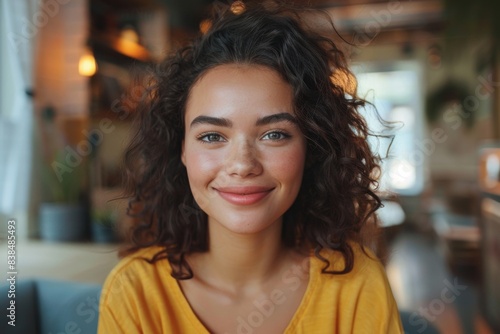 Curly-haired woman in yellow shirt smiling at restaurant