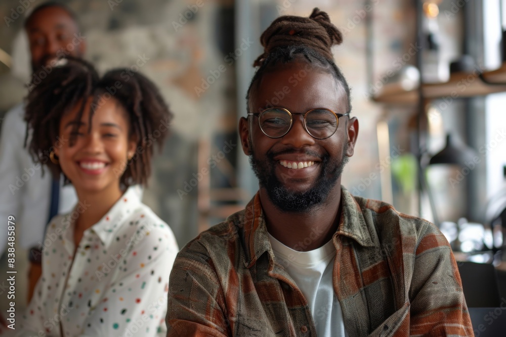 Male with glasses and beard smiles in front of seated woman Male with glasses and beard smiles in front of seated woman