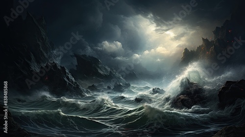 Stormy sea with dramatic waves crashing against rocky cliffs -- 