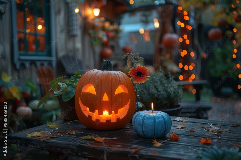 Fototapeta premium Candlelit pumpkin on table